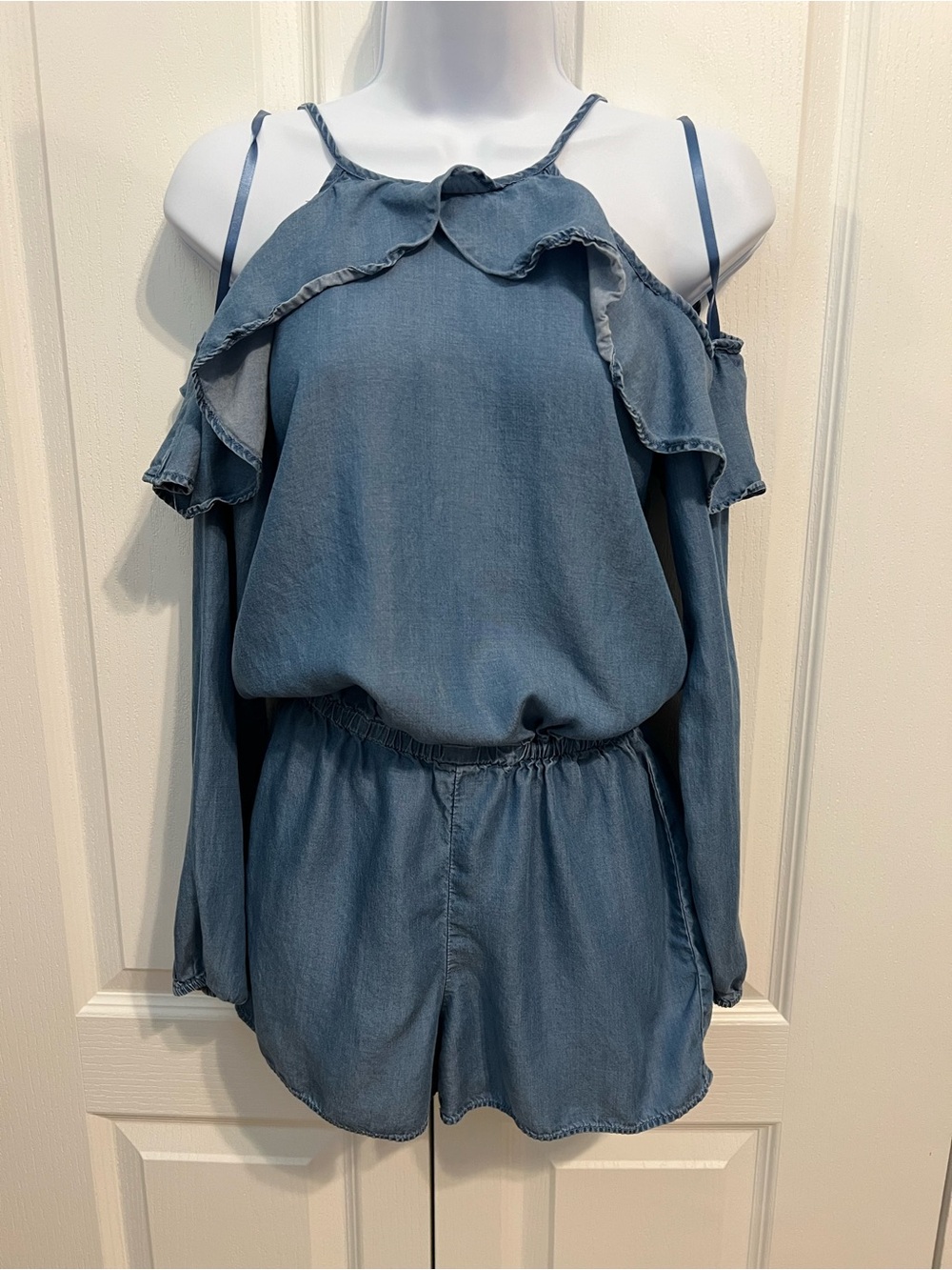 Michael Kors Light Blue Denim Cold-Shoulder Romper